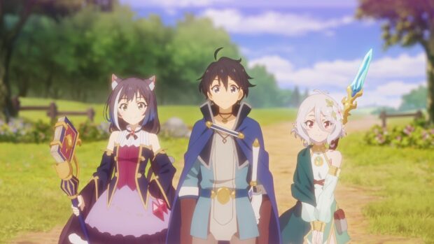 Three characters from Princess Connect Re Dive anime stand on a path in a bright countryside, HD Desktop Wallpaper