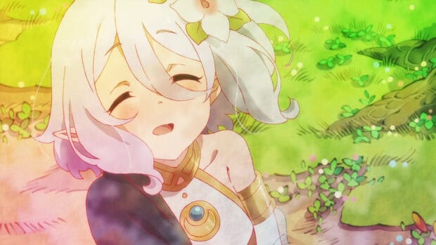 A character from Princess Connect Re Dive anime is smiling with closed eyes near greenery, 4K Desktop Wallpaper