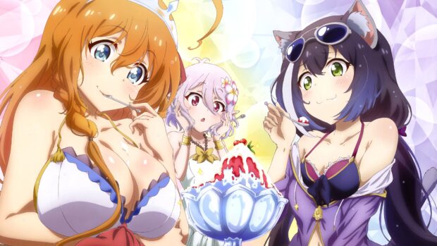 Three characters from Princess Connect Re Dive enjoy dessert together in a bright setting, 4K Desktop Wallpaper