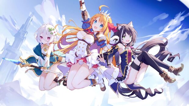 Three Princess Connect Re Dive anime characters flying with a bright blue sky background, 2K Desktop Wallpaper