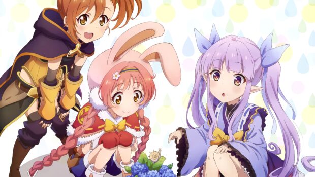 Three anime characters from Princess Connect Re Dive enjoy nature with flowers and a snail, 4K Desktop Wallpaper