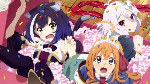 Three Princess Connect Re Dive characters lying in a box filled with confetti, 4K Desktop Wallpaper