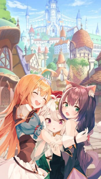 Three Princess Connect Re Dive characters share a warm hug with a beautiful town in the background, HD Mobile Wallpaper