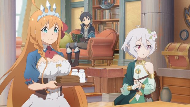 The Princess Connect Re Dive anime characters dine in a living room filled with books, HD Desktop Wallpaper