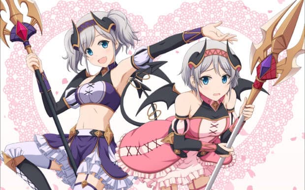 Two Princess Connect Re Dive characters holding staffs with pink petals around, 2K Desktop Wallpaper