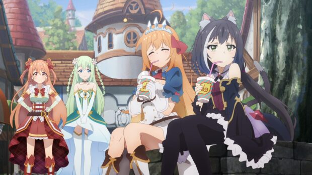 Four Princess Connect Re Dive characters enjoy drinks outside a fantasy village, HD Desktop Wallpaper