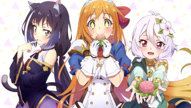 Three Princess Connect Re Dive characters enjoy treats and smiles in a colorful scene, 4K Desktop Wallpaper