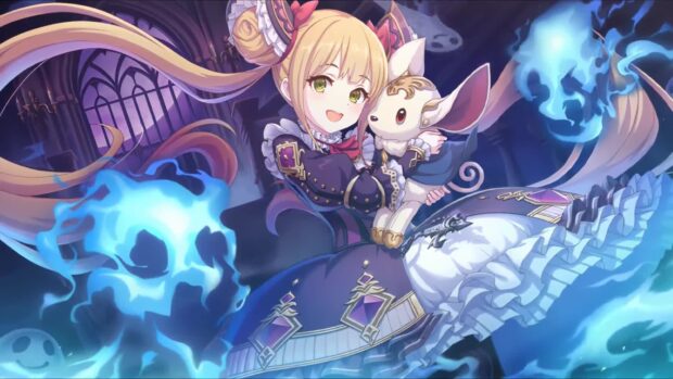 A magical girl from Princess Connect Re Dive holds a small pet surrounded by glowing spirits, HD Desktop Wallpaper