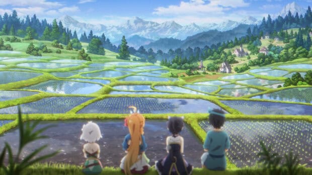 Four characters enjoying the peaceful view of lush fields in Princess Connect Re Dive, HD Desktop Wallpaper