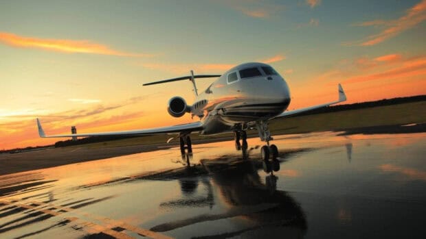 A private jet aircraft stands on the wet runway reflecting the sunset sky, HD Desktop Wallpaper