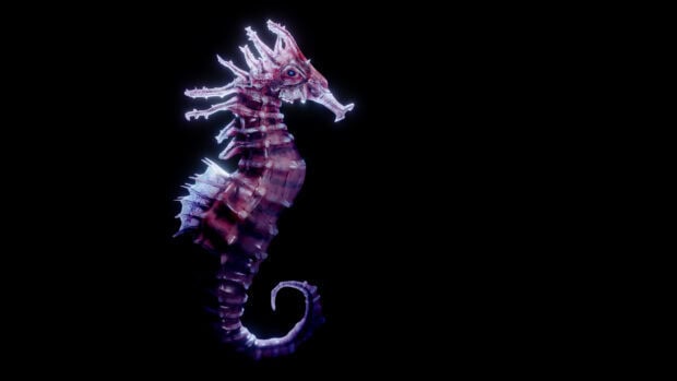 A purple seahorse with intricate details is shown against a black background, 4K Desktop Wallpaper