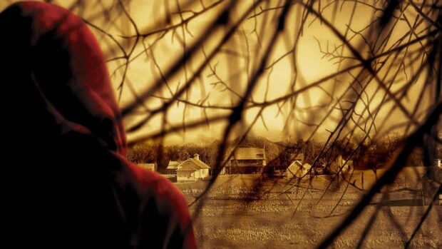 A person in a red hoodie overlooks a quiet village with houses seen through tree branches, HD Desktop Wallpaper