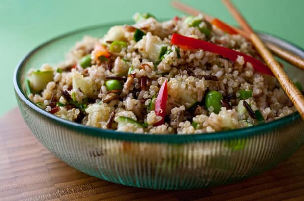 A close up of a quinoa salad with fresh vegetables and chopsticks on the side, HD Desktop Wallpaper