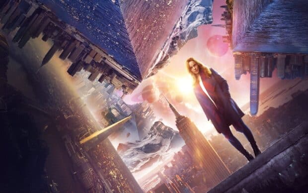 Rachel Mcadams stands confidently in a surreal cityscape blending urban and cosmic elements, HD Desktop Wallpaper