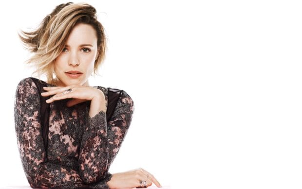 Rachel Mcadams wallpapers showing a woman in a detailed lace dress posing with her hands near her face, HD Mobile Wallpaper