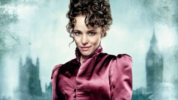 Rachel Mcadams wears a purple vintage dress with curls and a confident smile, HD Desktop Wallpaper
