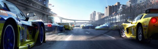 Racing game action shows intense competition on a crowded city circuit with sports cars, 4K Desktop Wallpaper