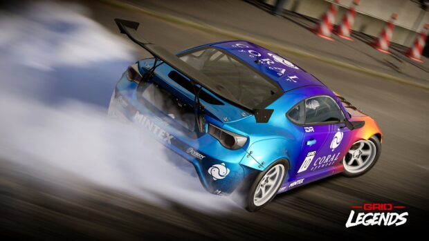 A racing car drifting with smoke trailing behind on the race track in a racing game, HD Desktop Wallpaper