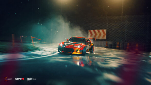 A racing game car is drifting skillfully on a wet track surrounded by barriers, 4K Desktop Wallpaper