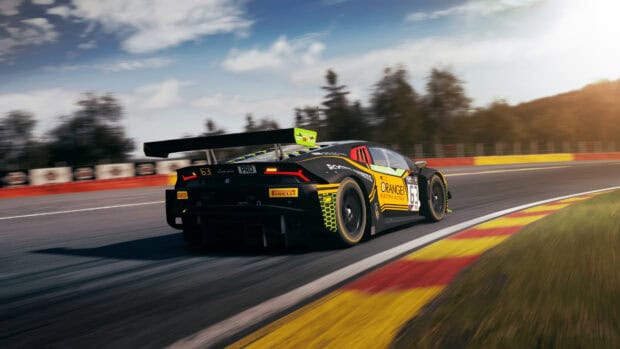A racing game car with number 63 speeding on a curved track during sunset, 4K Desktop Wallpaper
