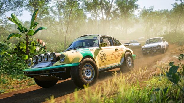 A yellow rally car races through a forest dirt track in a racing game, HD Desktop Wallpaper