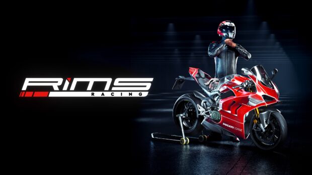 A racer adjusts the helmet standing next to a red racing motorbike in a dark setting with the Rims Racing logo, 4K Desktop Wallpaper