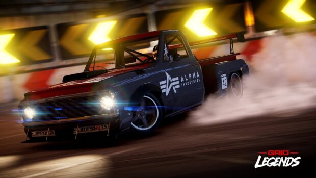 A racing truck drifting sharply on a racetrack with glowing yellow arrows, HD Desktop Wallpaper