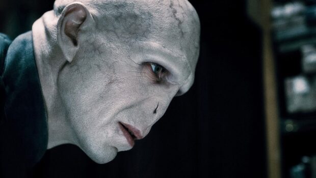 Ralph Fiennes as Voldemort looks intently with pale skin and dark cloak, HD Desktop Wallpaper
