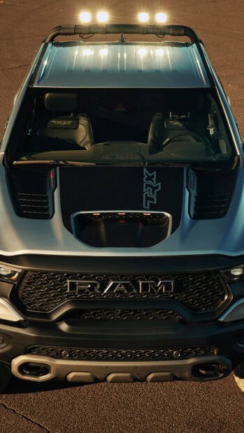 A Ram truck featuring a distinctive TRX hood and grille design, HD Phone Wallpaper