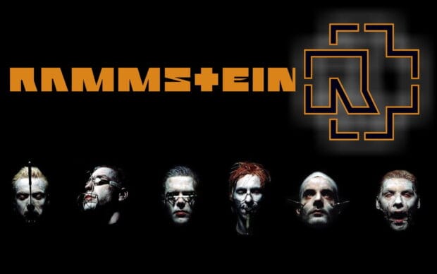 Rammstein Wallpapers features six band members with distinctive face art and a glowing logo, HD Desktop Wallpaper