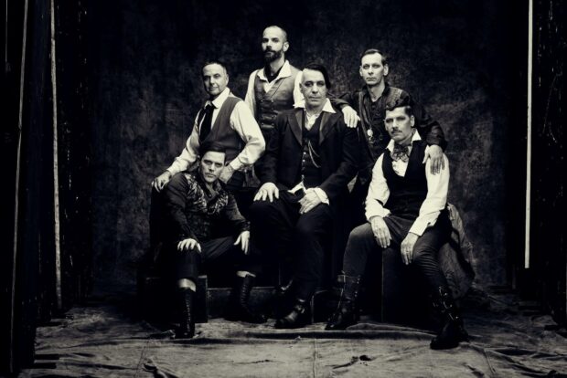 The Rammstein band poses in vintage attire for a monochrome group portrait, HD Desktop Wallpaper