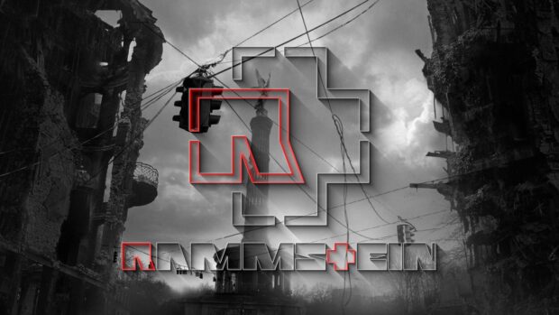 A Rammstein logo glowing in red with a background of destroyed buildings and cloudy skies, 4K Desktop Wallpaper