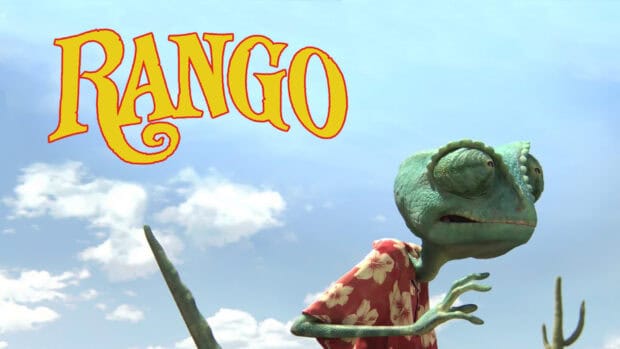 The character Rango wears a red floral shirt against a cloudy blue sky, HD Desktop Wallpaper