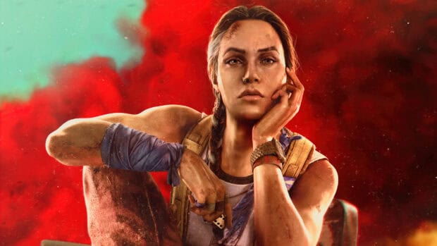 A determined rebel fighter from Far Cry 6 resting with a red background, HD Desktop Wallpaper