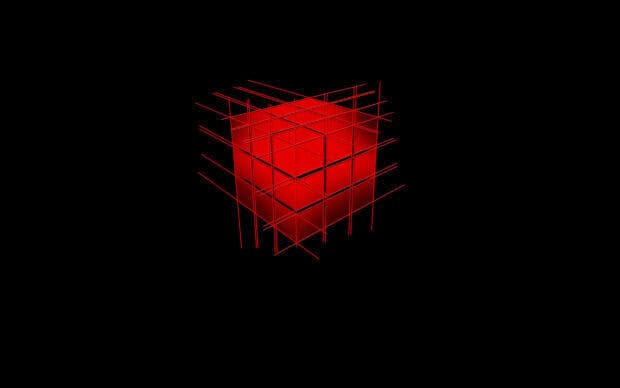A red cube is constructed with intersecting lines on a black background featuring cube wallpapers, 2K Desktop Wallpaper