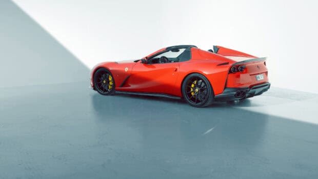 A red Ferrari 812 Gts car is parked on a clean studio floor with natural light, 4K Desktop Wallpaper
