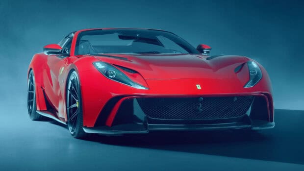 The red Ferrari 812 Gts shows its sleek design and sharp headlights in a studio setting, HD Desktop Wallpaper