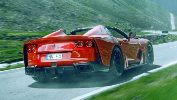 A red Ferrari 812 Gts car is driving fast along a winding mountain road with green hills surrounding it