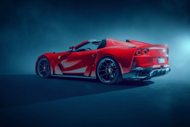 A red Ferrari 812 Gts is showcased from the rear side in a studio setting, 2K Desktop Wallpaper