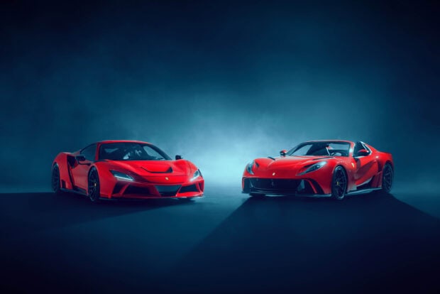 Two red Ferrari 812 Gts cars are shown in a dark and foggy environment, 2K Desktop Wallpaper