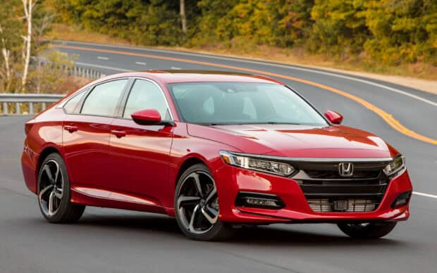 A red Honda Accord car is parked on a winding road surrounded by autumn trees, HD Desktop Wallpaper