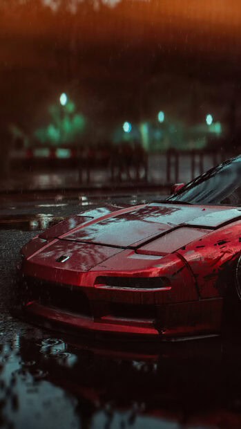 A red Honda NSX is parked on the wet street at night with reflections in the puddles, 4K Phone Wallpaper