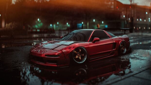 Red Honda NSX is shown parked on a wet street with city lights reflecting in the water, HD Desktop Wallpaper