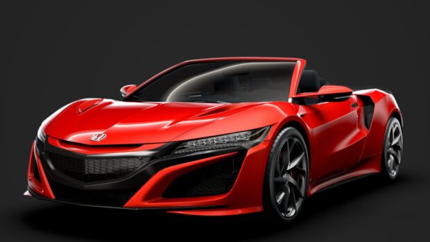 A red Honda NSX sports car is shown from the front side on a dark background, HD Desktop Wallpaper
