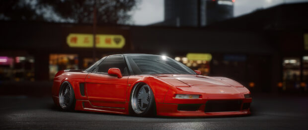 A red Honda NSX sports car is parked on a wet street with city lights blurred in the background, 2K Desktop Wallpaper