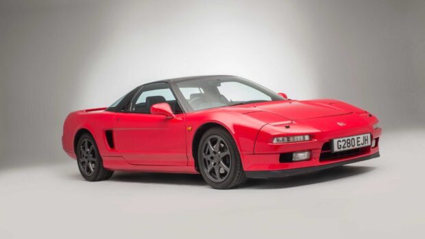 A red Honda NSX is shown clearly from the side on a plain background, HD Desktop Wallpaper