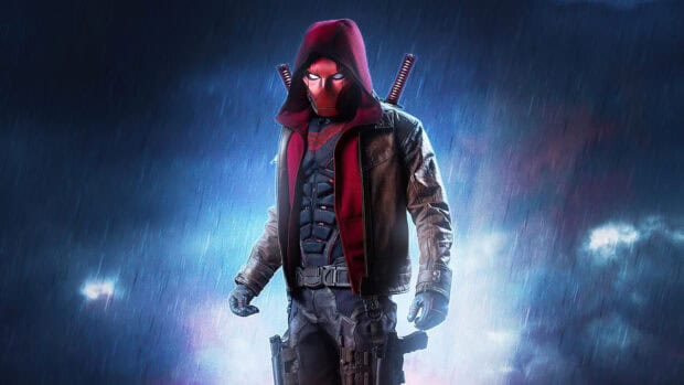 Red Hood stands in the rain with swords on his back in a dark setting, 4K Desktop Wallpaper