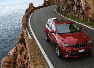 A red Jeep Grand Cherokee is driving along a winding coastal road beside cliffs and the ocean, HD Desktop Wallpaper