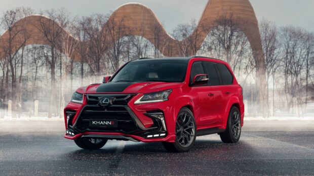 A red Lexus LX stands prominently in front of unique architectural structures surrounded by bare trees, 4K Desktop Wallpaper