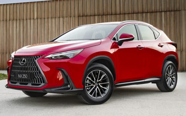 A red Lexus NX 250 is parked with a wooden wall background, HD Desktop Wallpaper